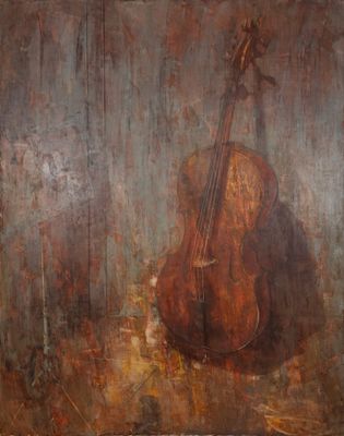 une peinture à l'huile représentant un violoncelle posé sur un parquet