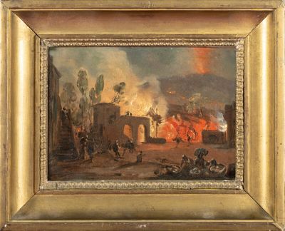 an image of a painting of a fire burning in a town
