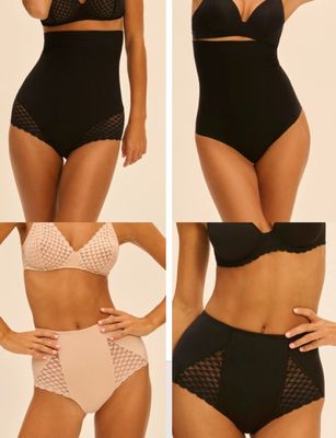 four different pictures of a woman in a black bra top and panties