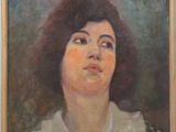 painting of a woman in a white shirt looking up at the sky