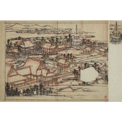 an image of a drawing of a village with a river in the background