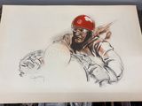 dessin représentant un joueur de baseball portant un casque et des gants rouges
