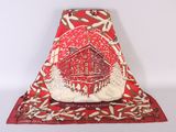 an image of a red and white scarf with a house on it