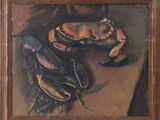 an oil painting of a crab and a crabfish on a table