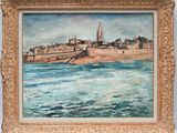 an oil painting of a beach scene with buildings in the background