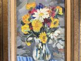 a painting of flowers in a vase on a table