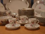 a lot of plates and cups on the table