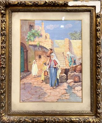painting of a woman and child in a village with a donkey