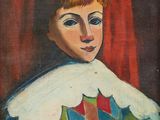une peinture à l'huile représentant un jeune garçon portant un pull coloré