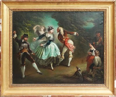 tableau représentant un homme et une femme dansant dans un décor boisé