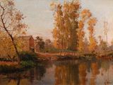 tableau représentant un tableau représentant une rivière avec une maison en arrière-plan
