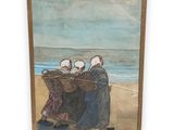 a painting of three people carrying baskets on a beach