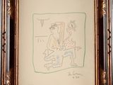 dessin encadré représentant un homme et une femme assis à une table
