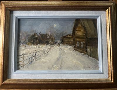 painting of a snowy road with a barn and fence in the background