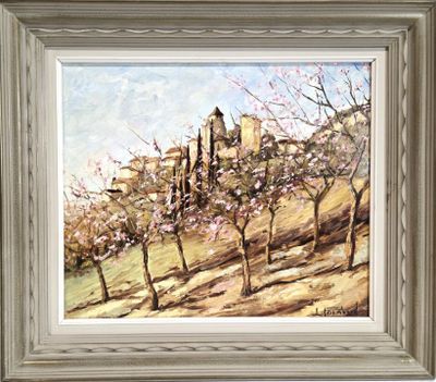 un tableau représentant un paysage avec des arbres et une colline en arrière-plan