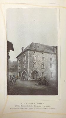 an old picture of a building with a horse drawn carriage