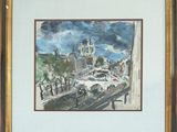 painting of a view of a city with a clock tower in the distance