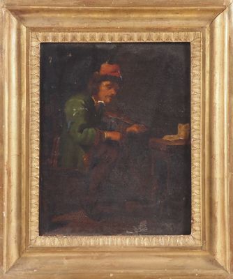 une peinture à l'huile représentant un homme assis à une table en train de lire un livre