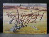 painting of a painting of a vineyard with a fence in the foreground