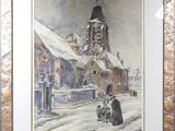 tableau représentant une église sous la neige, avec une femme et un enfant