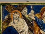 a painting of jesus carrying the cross and a woman holding a knife