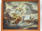 une peinture à l'huile représentant deux navires en mer, avec le ciel en arrière-plan