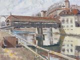 painting of a bridge over a body of water with buildings in the background