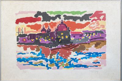 une image d'une photo d'un tableau représentant une ville au bord de l'eau