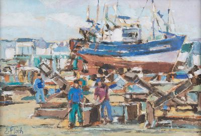 a painting of a group of people standing around a boat