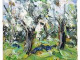 a painting of a painting of trees in a field
