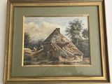 framed painting of a thatched house with sheep in the foreground