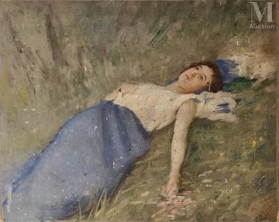 painting of a woman laying on the ground in a blue dress