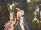 an oil painting of a woman and a child in a wooded setting