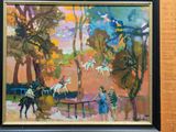 a painting of people riding horses in a park