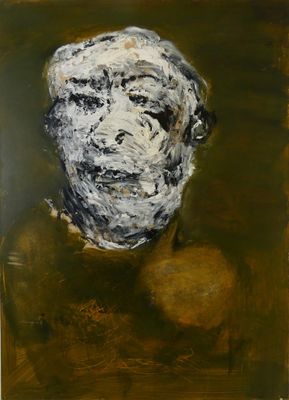 an image of a painting of a man ' s face on a green background