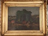 une image d'un tableau représentant un paysage dans un cadre doré