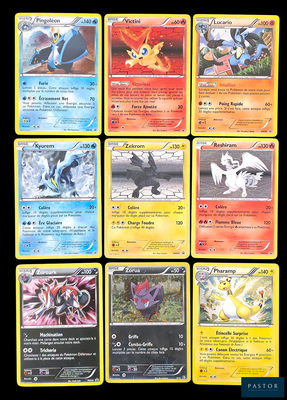Plusieurs cartes Pokémon sont représentées sur un fond noir