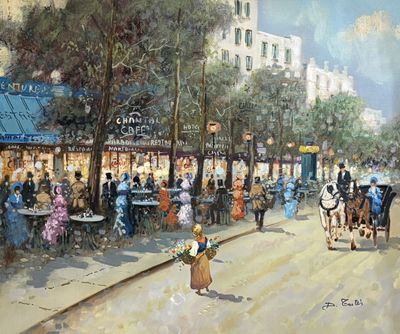 une peinture représentant une scène de rue avec des personnes marchant dans la rue