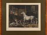une image représentant un tableau où l'on voit un cheval et des chiens dans une écurie