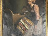 une peinture à l'huile représentant une femme assise à un bureau dans une pièce