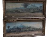 deux tableaux encadrés représentant un train sur une voie ferrée, d'où s'échappe de la fumée