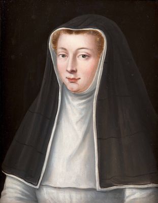un tableau représentant une femme vêtue d'une robe et d'une coiffe de religieuse
