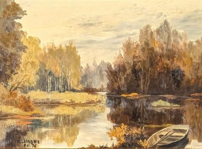 a painting of a boat sitting on the shore of a river