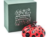 red pumpkin with black dots in front of a green box