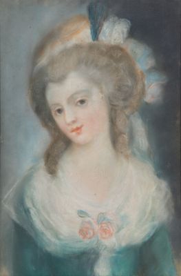portrait of a lady in a blue dress with a feathered hat