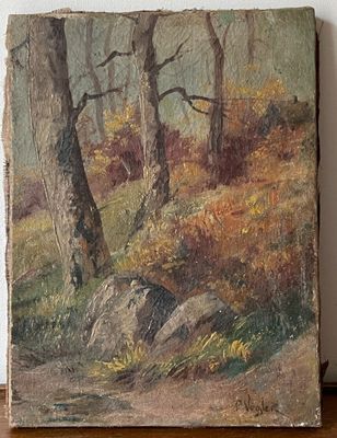 peinture représentant un paysage boisé avec des arbres et des rochers, posée sur une table en bois