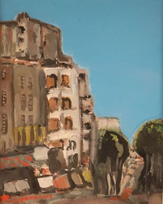 une peinture à l'huile représentant une rue de la ville, avec des bâtiments et des arbres au premier plan