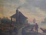 a painting of a man standing on a dock with a boat