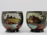 pair of hand painted vases with a landscape scene on them