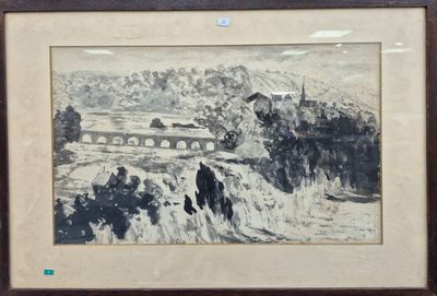 tableau représentant un train traversant un pont au-dessus d'une rivière dans une région boisée